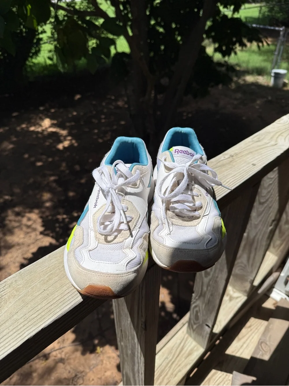 Reebok White Teal Sneakers with Neon Yellow Accent